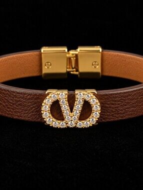 Brown Leather Bracelet with Crystal Double-Circle Accent